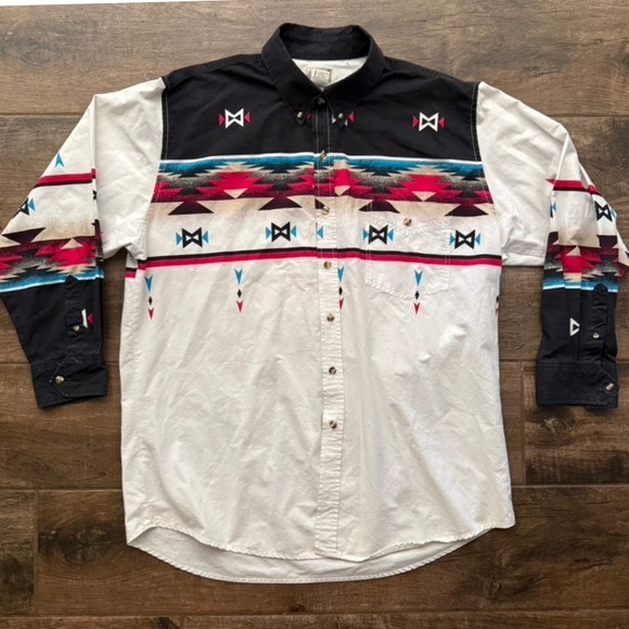 Express Rider Vintage Western Border Print Button Long Sleeve Shirt,Multi, XL - Picture 1 of 13